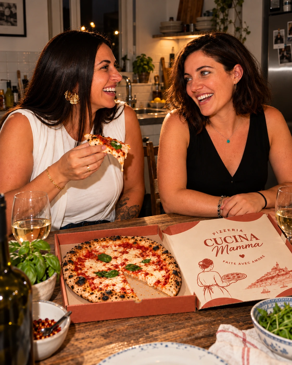 Deux amies échangent un regard complice autour d’une pizza dans son carton Cucina Mamma crème et terracotta