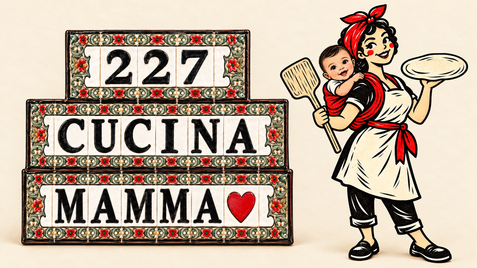 La plaque 227 Cucina Mamma côte à côte avec la Mamma et son bébé