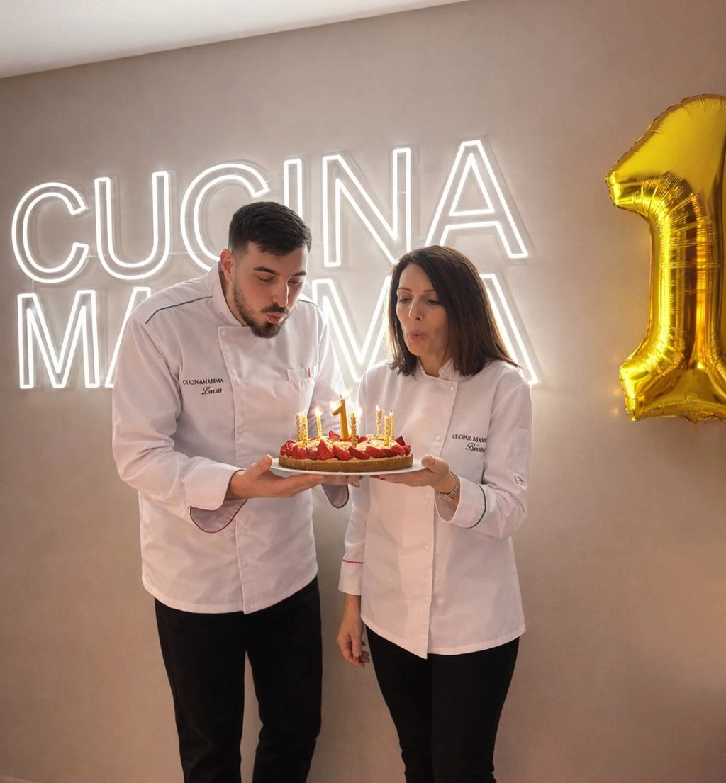 Lucas et sa mère soufflent les bougies chez Cucina Mamma